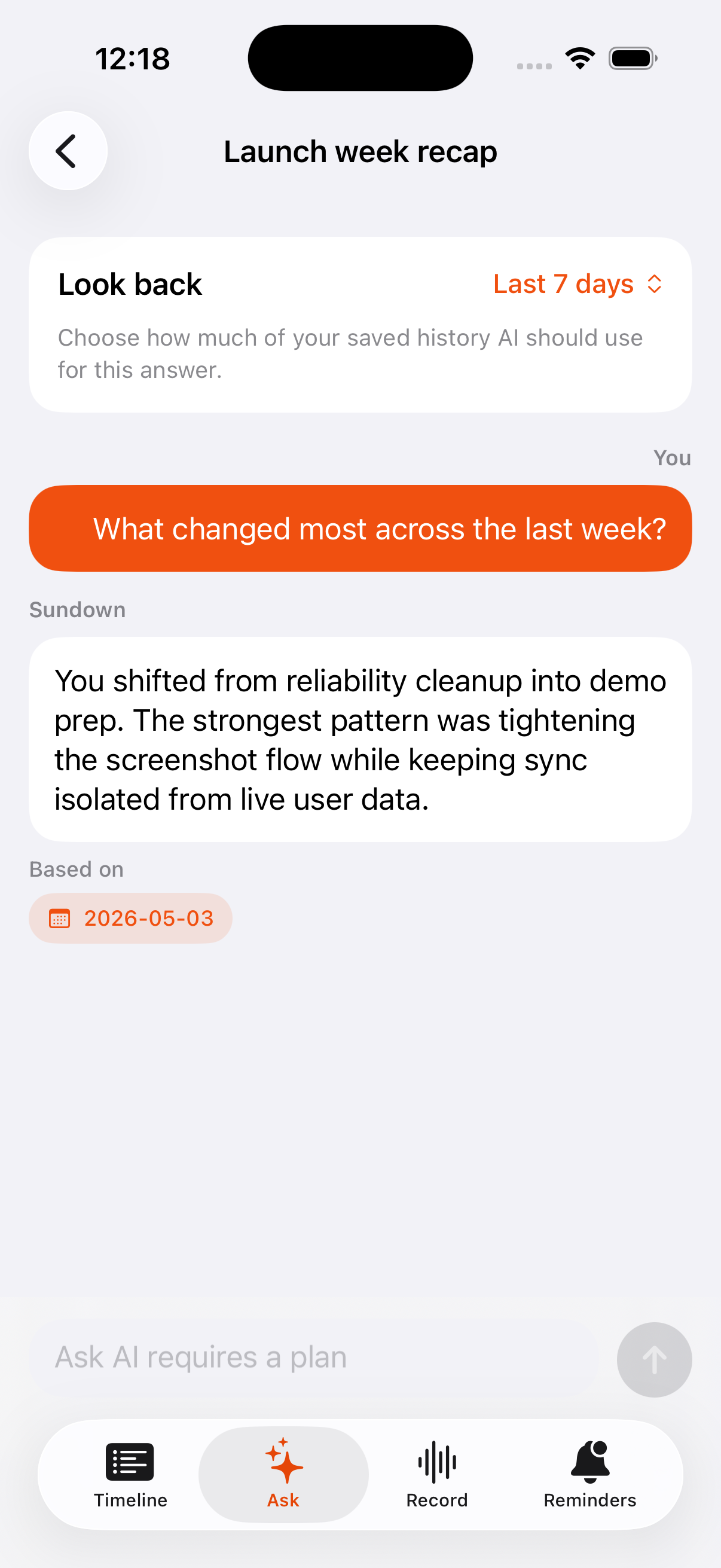 Sundown Ask AI conversation view.