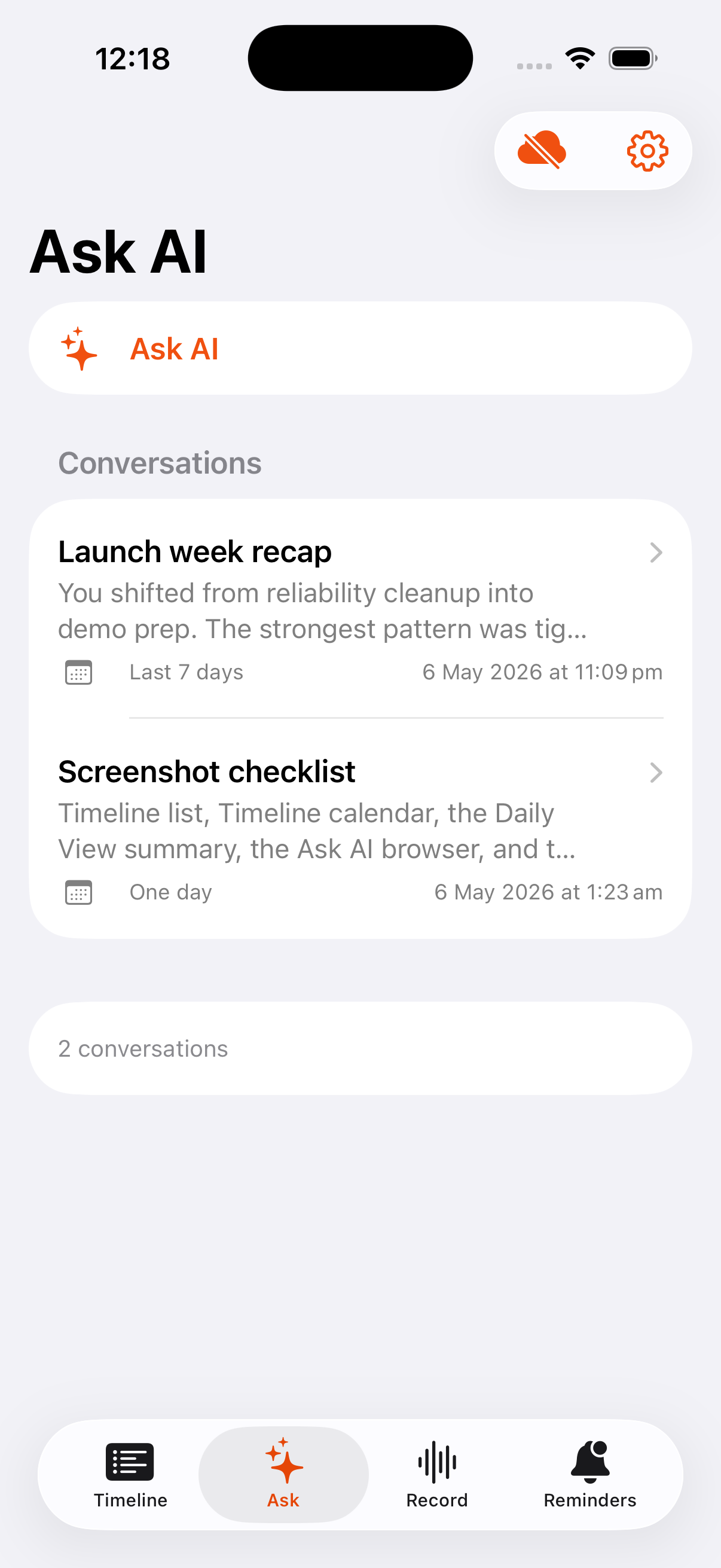 Sundown Ask AI list view.