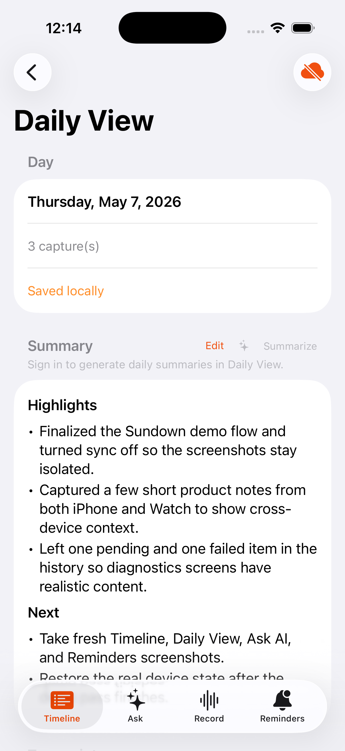 Sundown Daily View showing transcript rows and recordings for one day.