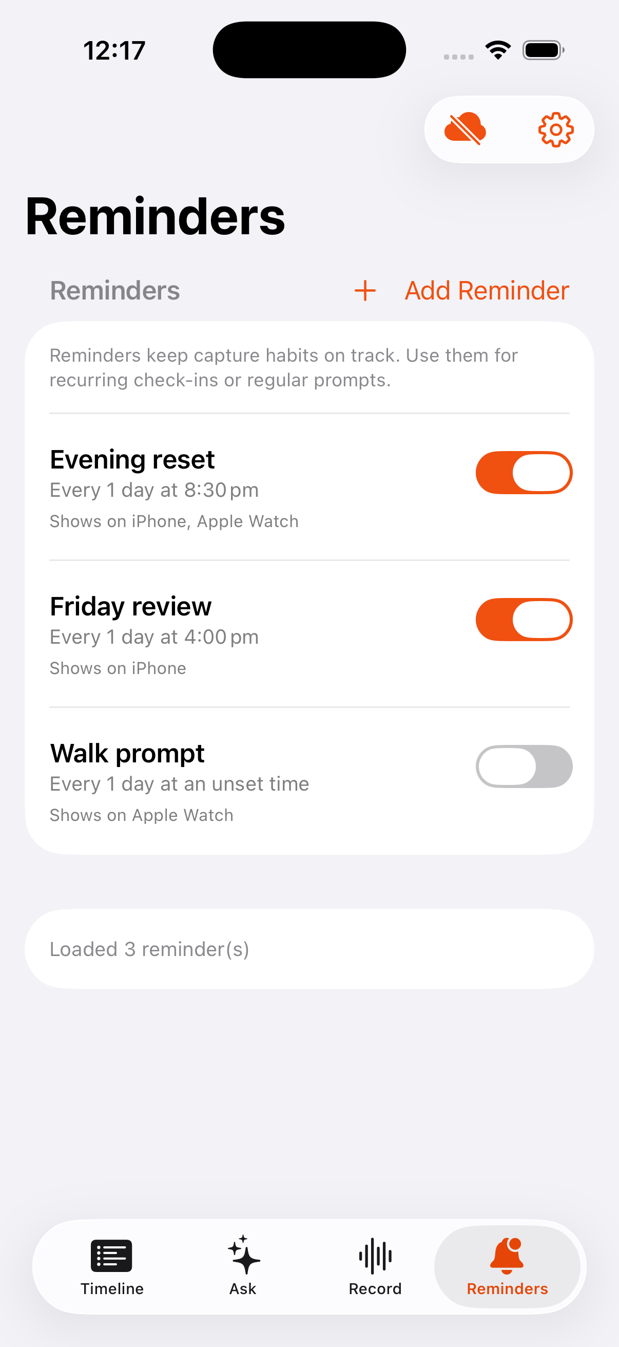 Sundown Reminders screen.