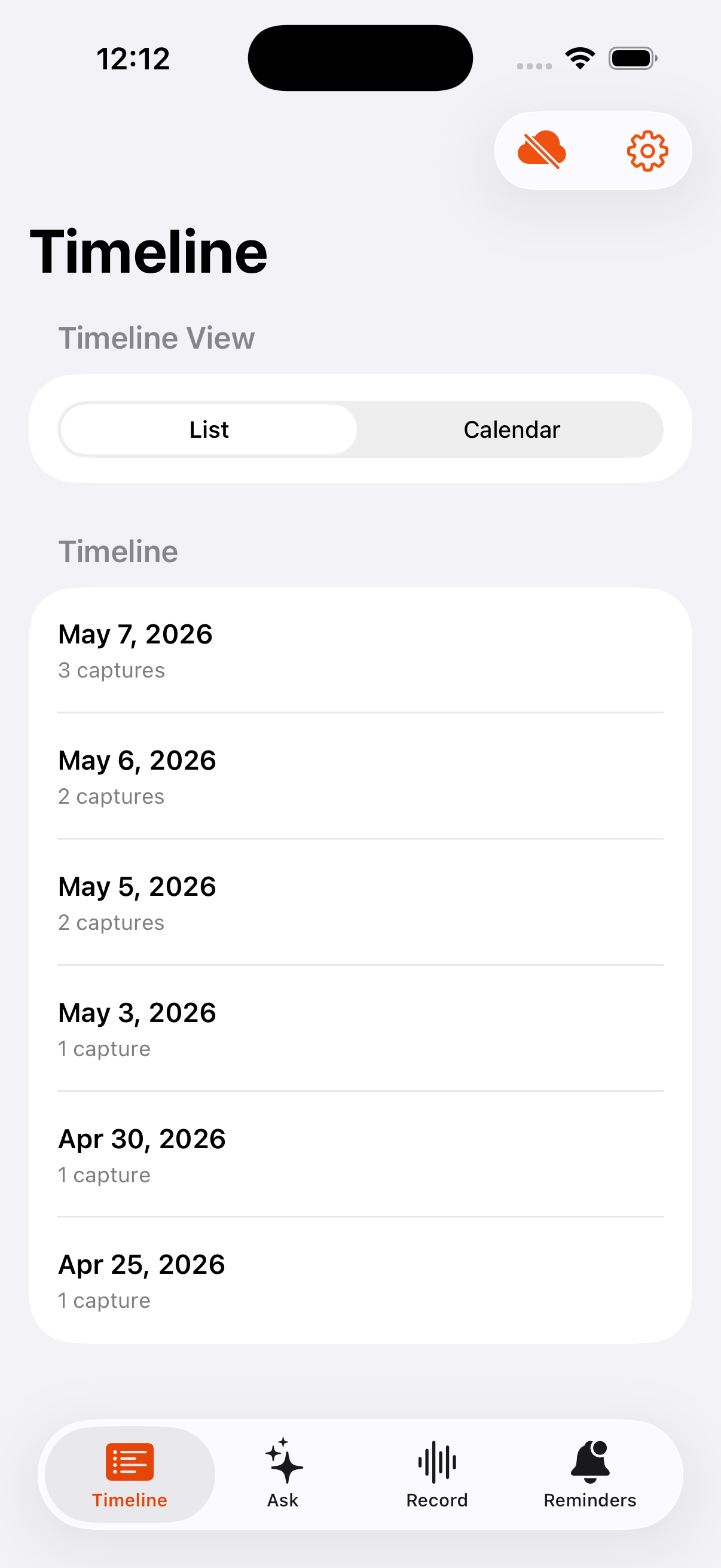 Sundown Timeline list view.
